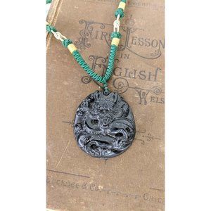 Vintage black obsidian dragon pendant necklace